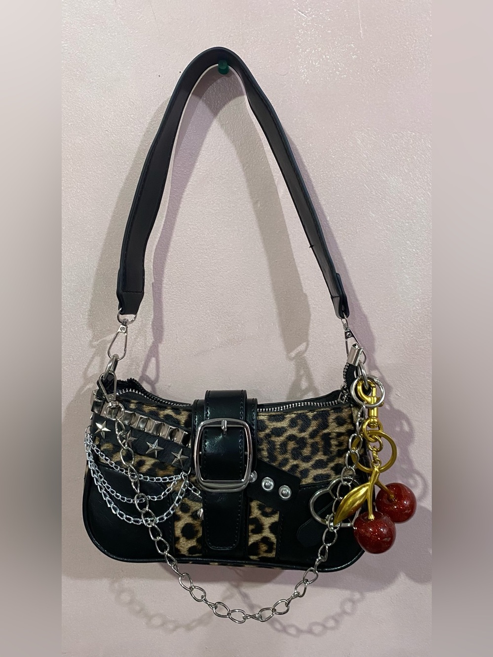 Red Leopard-Print Shoulder Bag with Cherry Charm